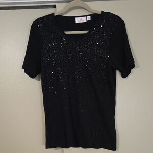 Quacker Factory Black Sequin Cotton Top Size Medium